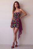 Burgundy Floral Tight Short Velvet Homecoming Dress with Sash