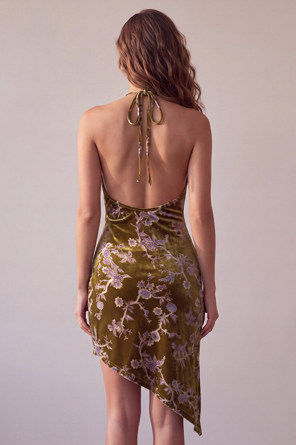 Mustard Gold Halter Tight Floral Short Velvet Homecoming Dress