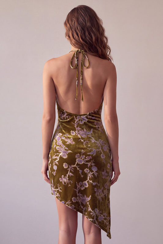 Mustard Gold Halter Tight Floral Short Velvet Homecoming Dress