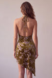 Mustard Gold Halter Tight Floral Short Velvet Homecoming Dress