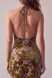 Mustard Gold Halter Tight Floral Short Velvet Homecoming Dress
