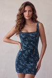 Navy Floral Tight Square Neck Short Homecoming Dress
