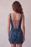Navy Floral Tight Square Neck Short Homecoming Dress