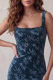 Navy Floral Tight Square Neck Short Homecoming Dress