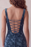 Navy Floral Tight Square Neck Short Homecoming Dress