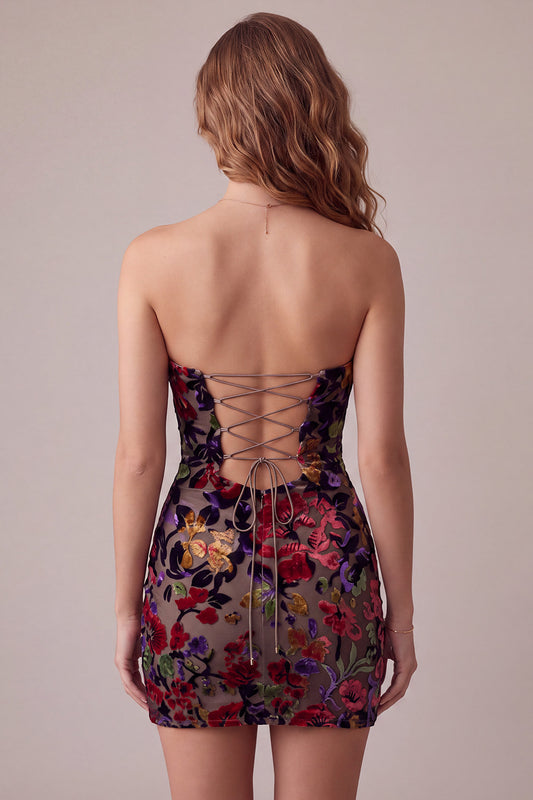 Burgundy Tight Sweetheart Floral Short Velvet Homecoming Dress
