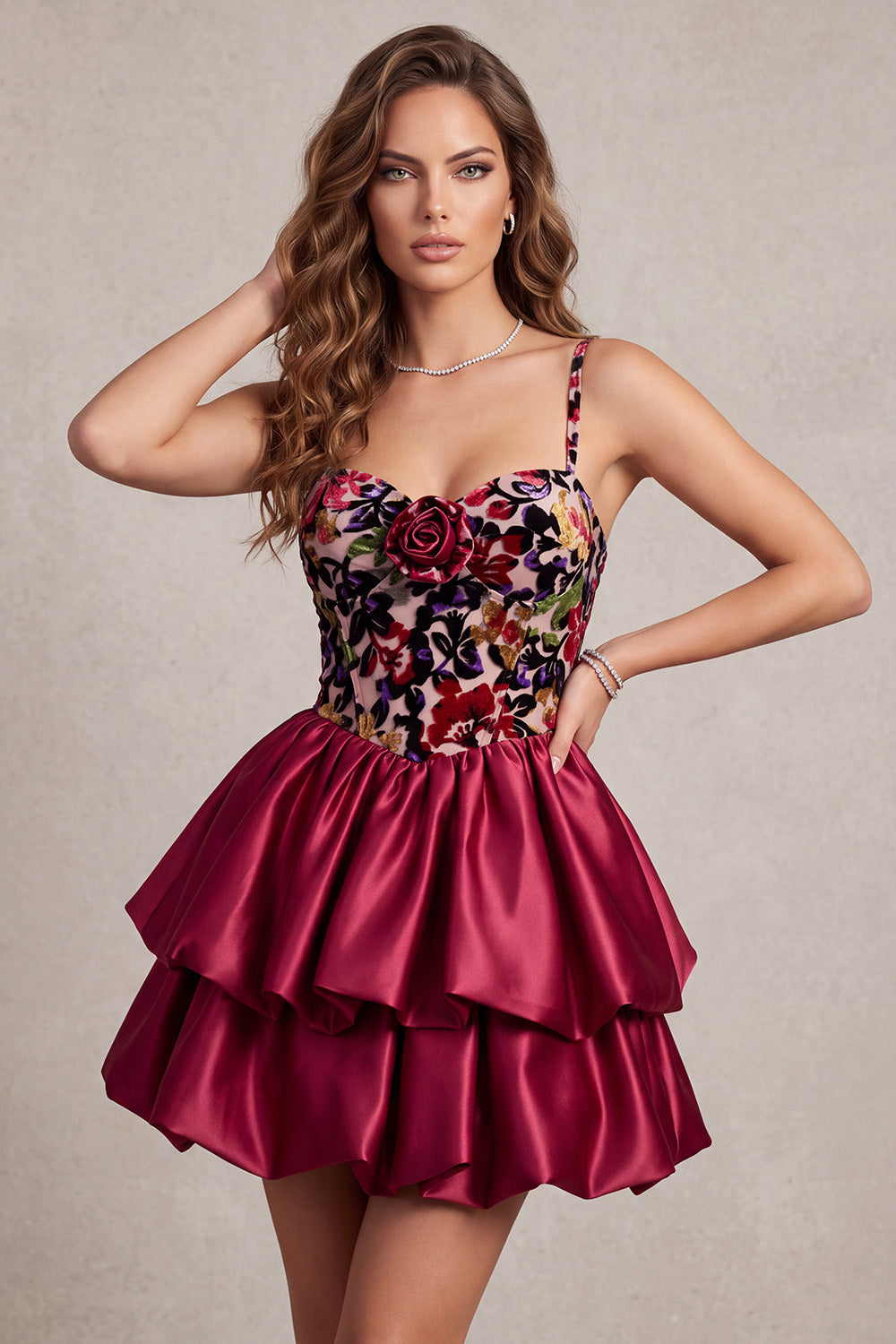 Red Corset Tiered A Line Short Satin Homecoming Dress with 3D Flower