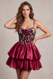 Red Corset Tiered A Line Short Satin Homecoming Dress with 3D Flower
