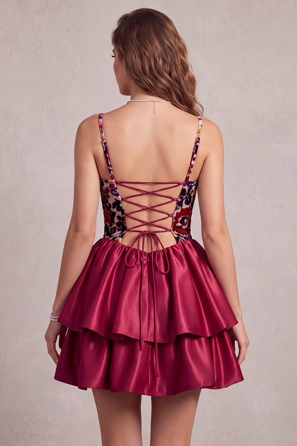 Red Corset Tiered A Line Short Satin Homecoming Dress with 3D Flower