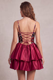 Red Corset Tiered A Line Short Satin Homecoming Dress with 3D Flower