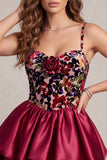 Red Corset Tiered A Line Short Satin Homecoming Dress with 3D Flower