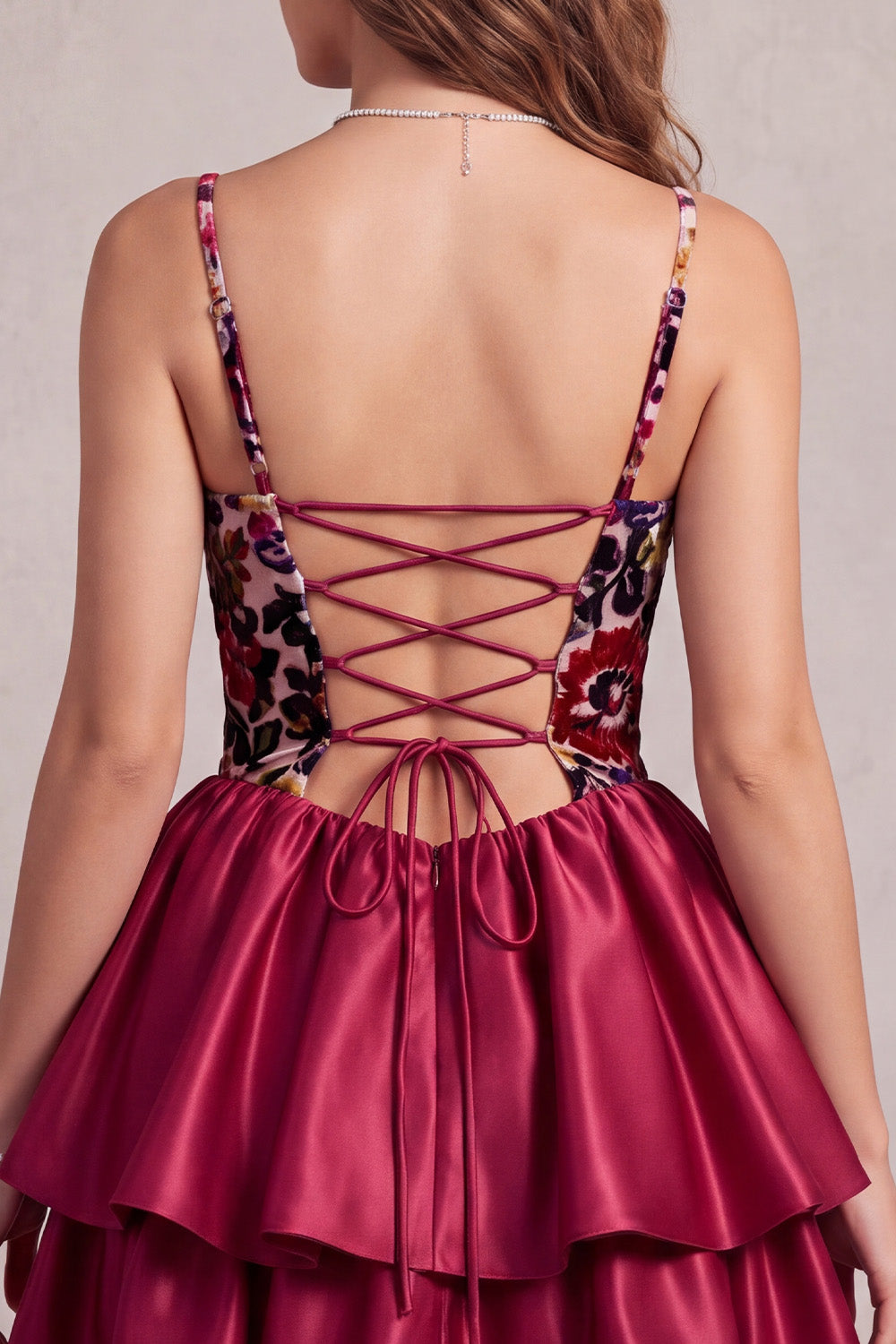 Red Corset Tiered A Line Short Satin Homecoming Dress with 3D Flower