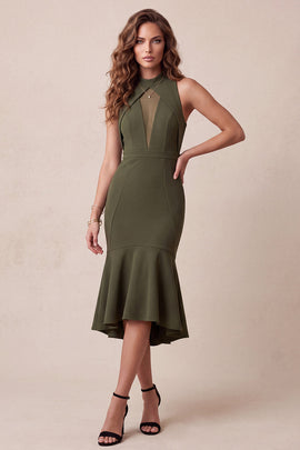 Olive Mermaid Ruffled High Neck Midi Homecoming Dress