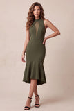 Olive Mermaid Ruffled High Neck Midi Homecoming Dress