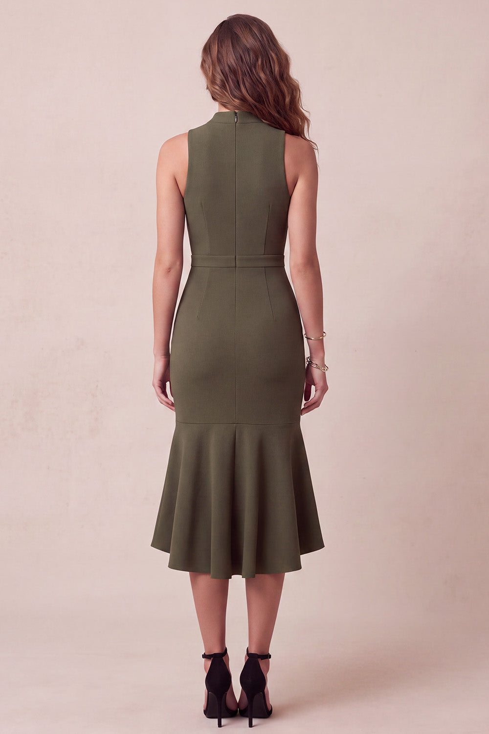 Olive Mermaid Ruffled High Neck Midi Homecoming Dress