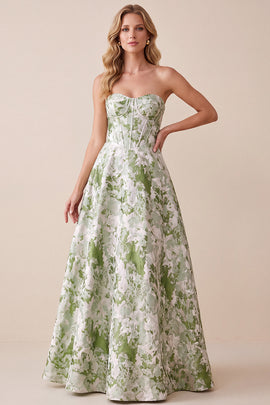 Sage Green Corset A-Line Sweetheart Jacquard Long Formal Dress