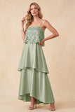 Sparkly Light Green Tiered Sequins A-Line High-Low Formal Dress with Feathers