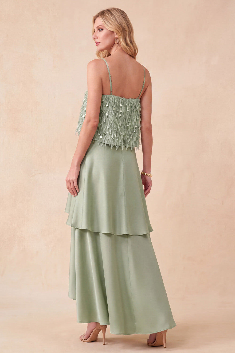 Sparkly Light Green Tiered Sequins A-Line High-Low Formal Dress with Feathers