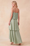 Sparkly Light Green Tiered Sequins A-Line High-Low Formal Dress with Feathers