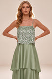 Sparkly Light Green Tiered Sequins A-Line High-Low Formal Dress with Feathers
