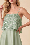 Sparkly Light Green Tiered Sequins A-Line High-Low Formal Dress with Feathers