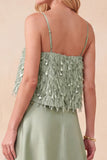 Sparkly Light Green Tiered Sequins A-Line High-Low Formal Dress with Feathers