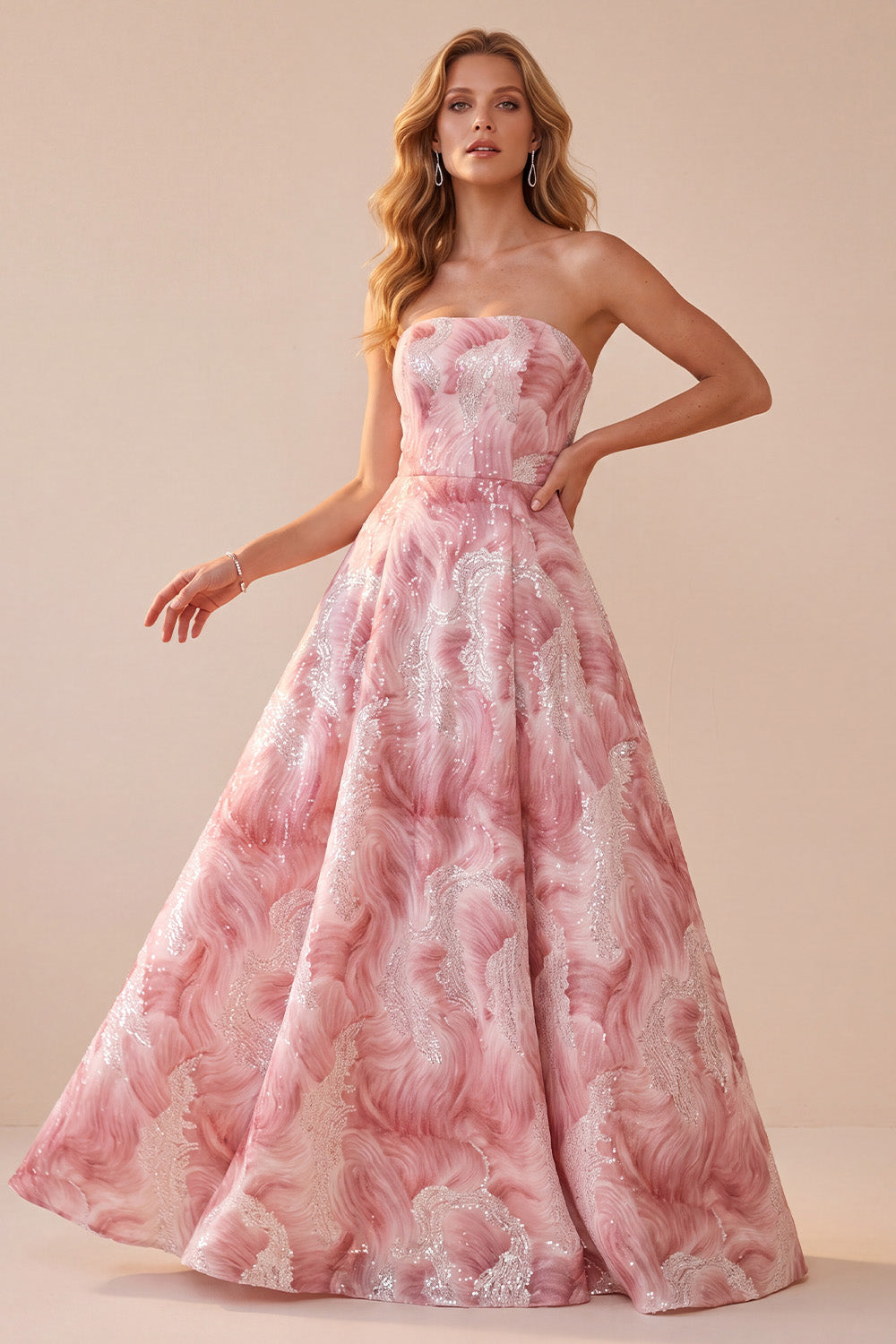 Sparkly Pink A-Line Floral Strapless Sequins Long Formal Dress