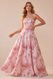 Sparkly Pink A-Line Floral Strapless Sequins Long Formal Dress