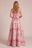 Sparkly Pink A-Line Floral Strapless Sequins Long Formal Dress
