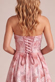 Sparkly Pink A-Line Floral Strapless Sequins Long Formal Dress
