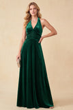 Dark Green A-Line Halter Velvet Ruched Long Holiday Dress