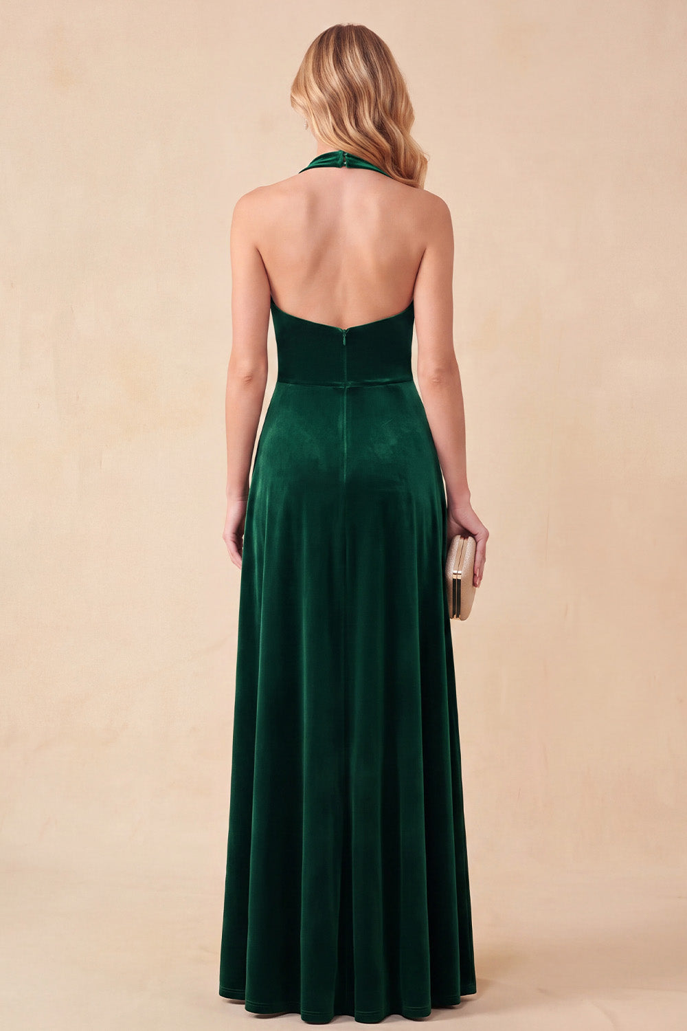 Dark Green A-Line Halter Velvet Ruched Long Holiday Dress