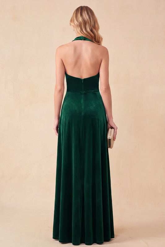 Dark Green A-Line Halter Velvet Ruched Long Holiday Dress