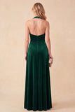 Dark Green A-Line Halter Velvet Ruched Long Holiday Dress