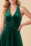 Dark Green A-Line Halter Velvet Ruched Long Holiday Dress