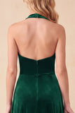 Dark Green A-Line Halter Velvet Ruched Long Holiday Dress