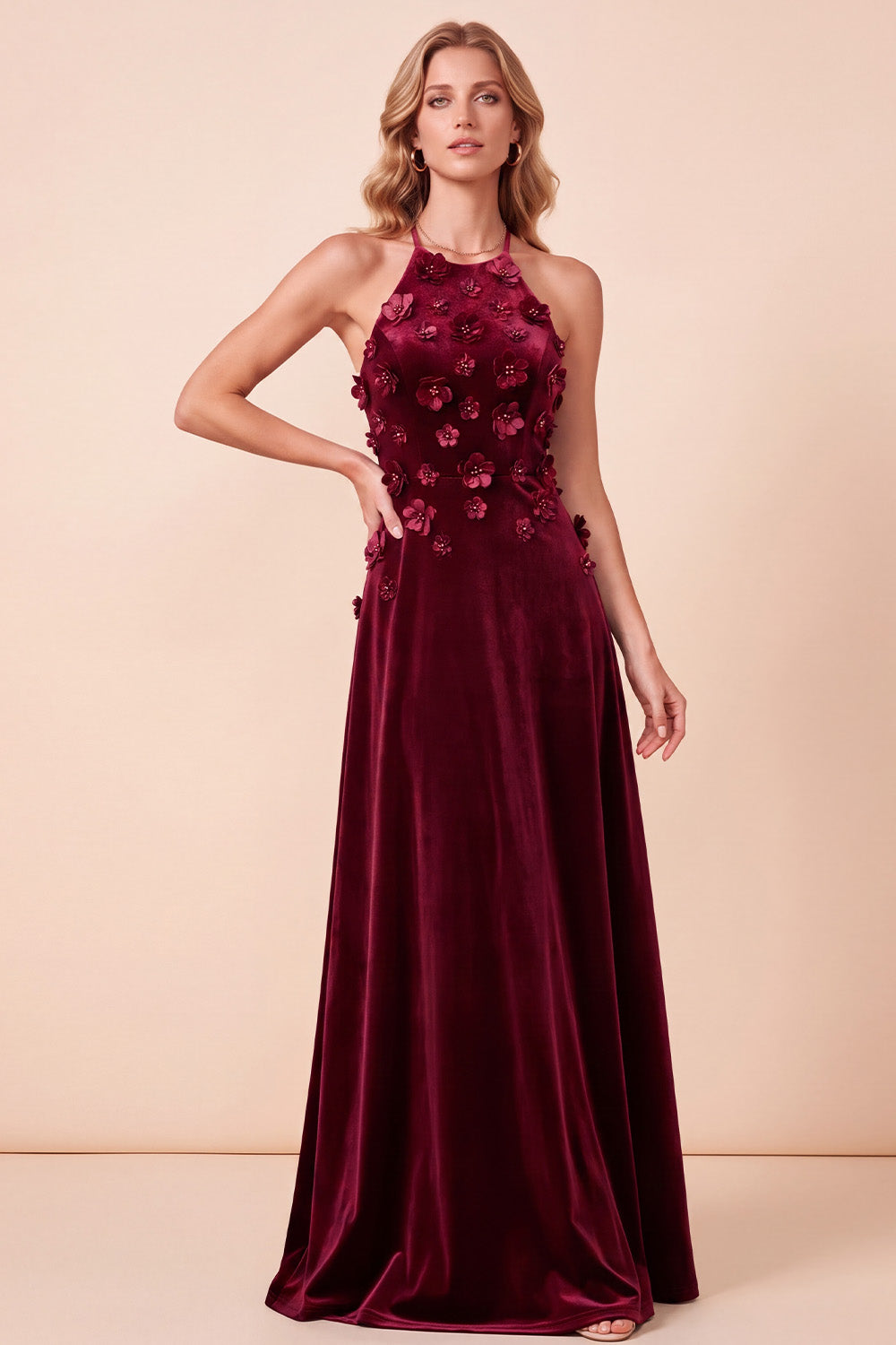 Burgundy A-Line Halter Beaded Velvet Long Holiday Dress with 3D Flowers