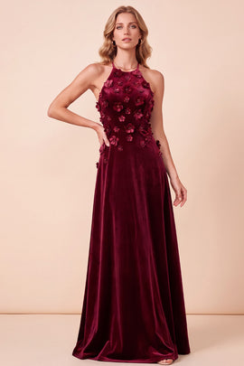 Burgundy A-Line Halter Beaded Velvet Long Holiday Dress with 3D Flowers