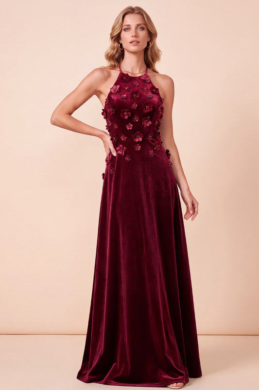 Burgundy A-Line Halter Beaded Velvet Long Holiday Dress with 3D Flowers