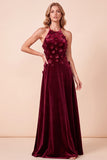 Burgundy A-Line Halter Beaded Velvet Long Holiday Dress with 3D Flowers