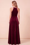 Burgundy A-Line Halter Beaded Velvet Long Holiday Dress with 3D Flowers