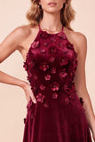 Burgundy A-Line Halter Beaded Velvet Long Holiday Dress with 3D Flowers