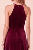 Burgundy A-Line Halter Beaded Velvet Long Holiday Dress with 3D Flowers