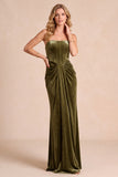 Simple Olive Corset Velvet Strapless Sheath Ruched Long Holiday Dress