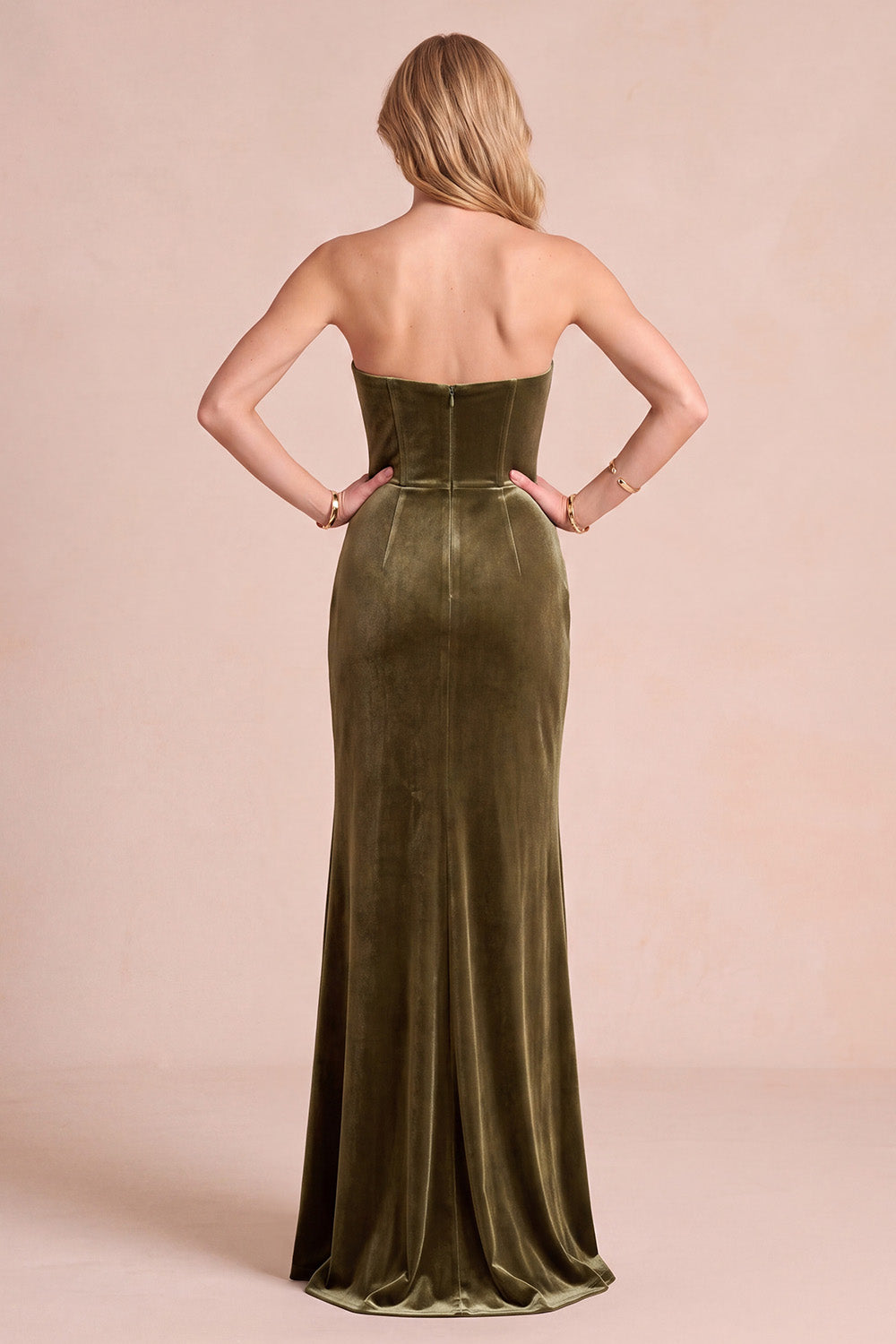 Simple Olive Corset Velvet Strapless Sheath Ruched Long Holiday Dress