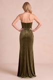 Simple Olive Corset Velvet Strapless Sheath Ruched Long Holiday Dress