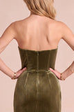 Simple Olive Corset Velvet Strapless Sheath Ruched Long Holiday Dress