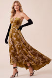 Mustard Gold A-Line Strapless Floral High-Low Velvet Holiday Dress
