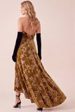 Mustard Gold A-Line Strapless Floral High-Low Velvet Holiday Dress