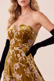 Mustard Gold A-Line Strapless Floral High-Low Velvet Holiday Dress